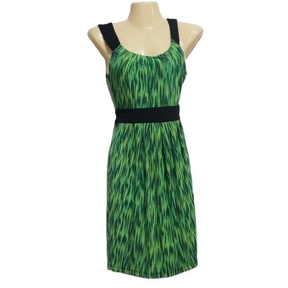 AB Studio Dress XS Green‎ Ikat Print Sleeveless Belted Knee Length Retro Mod